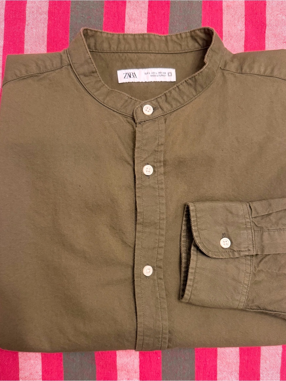 ZARA Olive Green Band-Collar Casual Button-Down Shirt